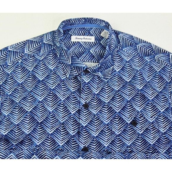 Tommy Bahama Size Large Mens Silk Black Blue White Pattern Logo Tag Short Sleeve - Picture 1 of 11